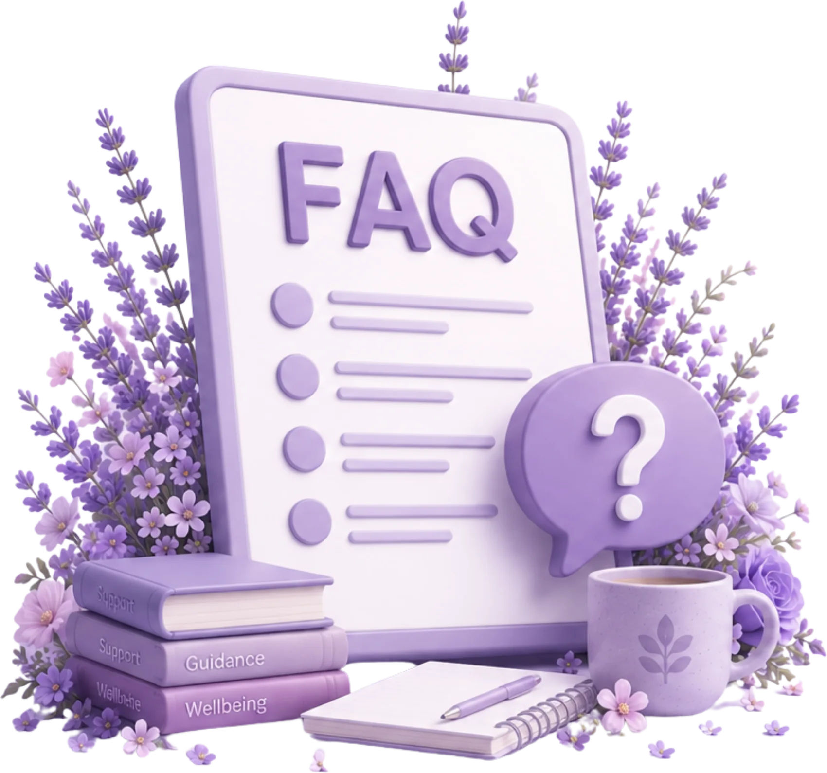 FAQ clipboard with a question mark speech bubble, books, and lavender