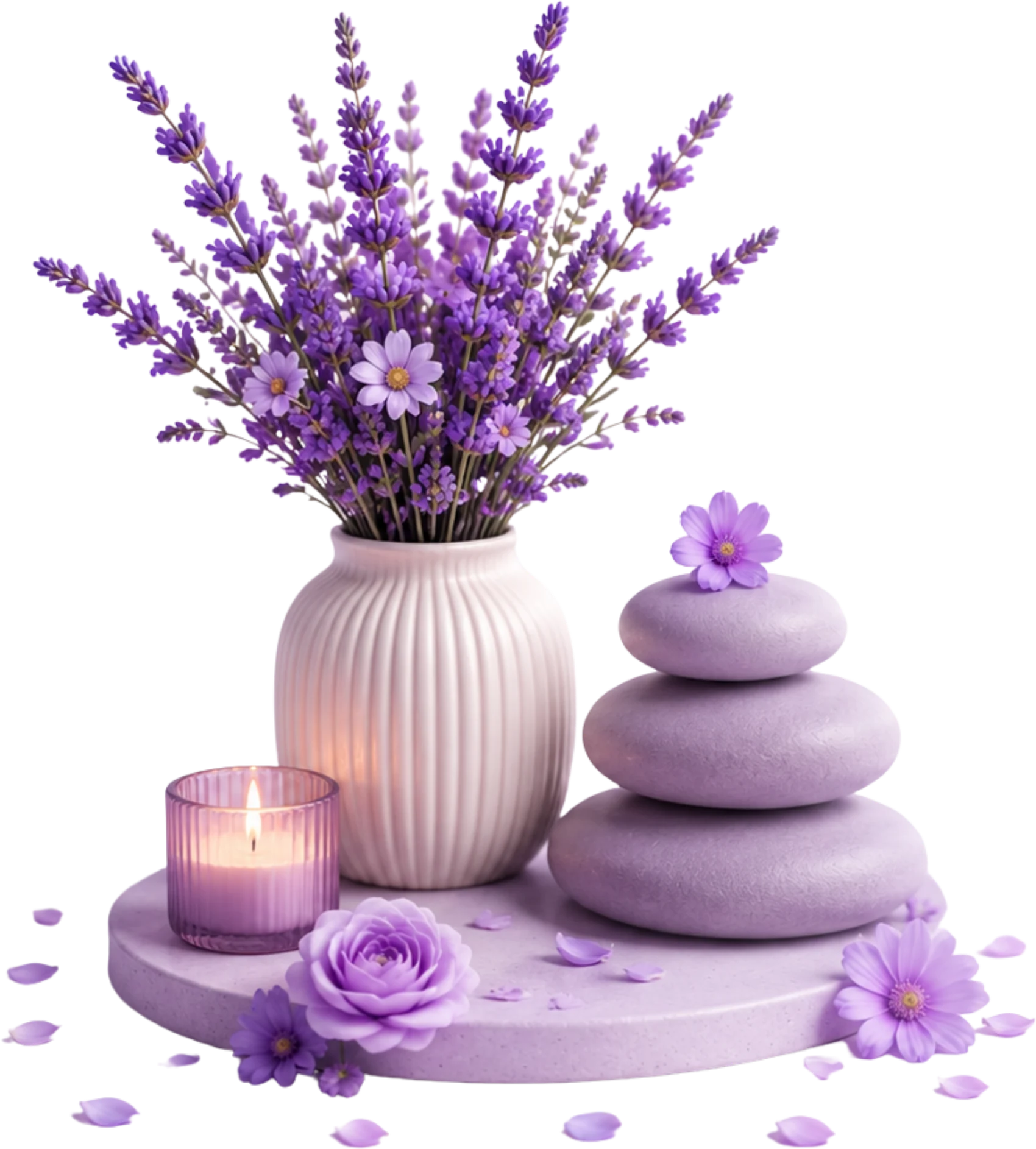 A vase of lavender, a lit candle and balanced spa stones on a stone platform