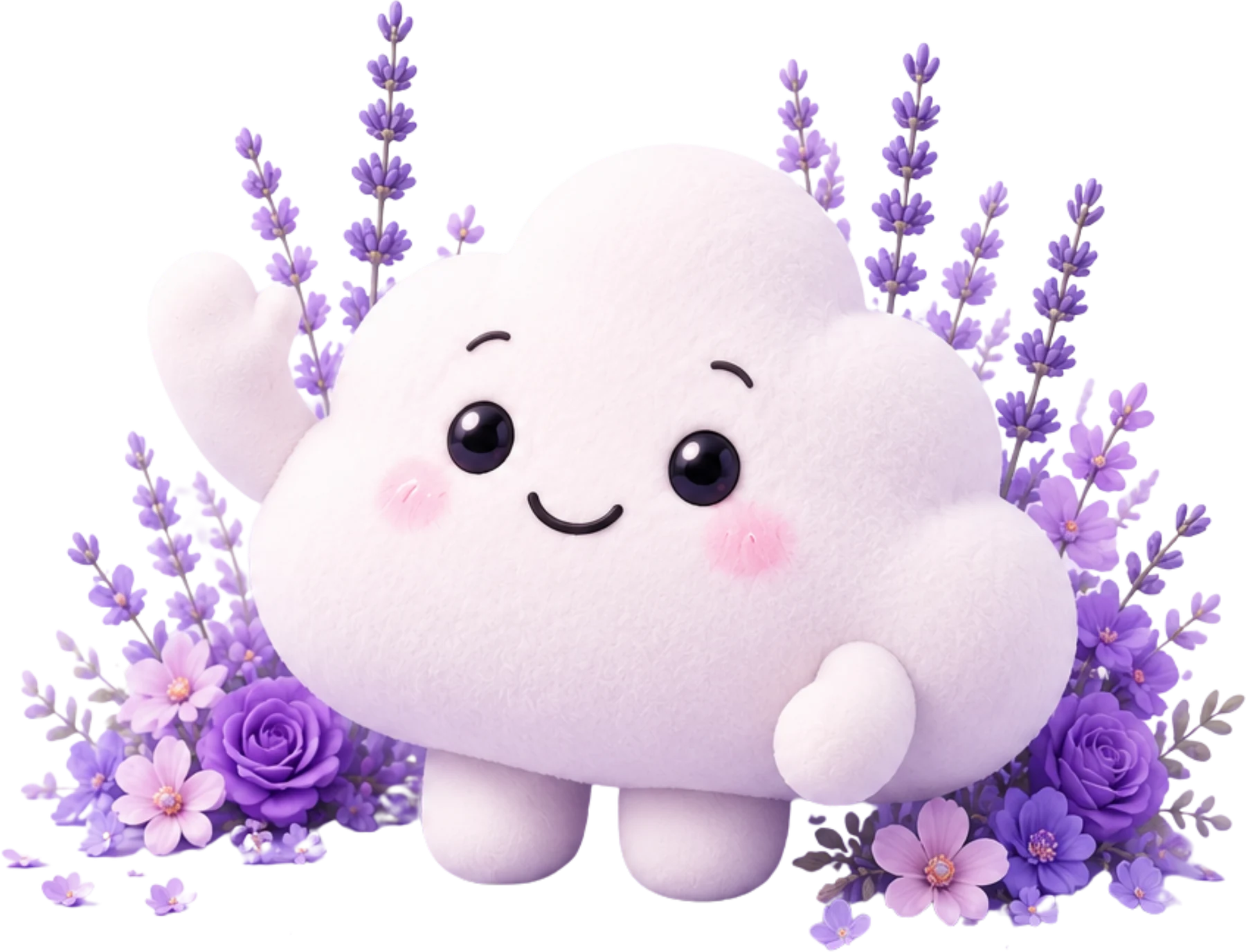 Cloud character surrounded by lavender and roses