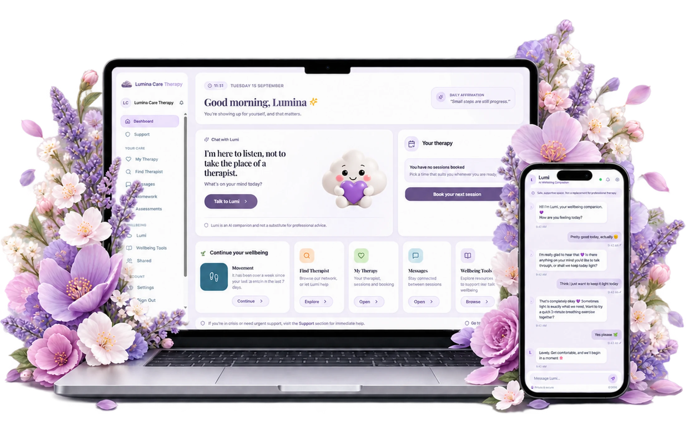 The Lumina Care Therapy client dashboard shown on a laptop, with a Lumi wellbeing chat conversation on a phone