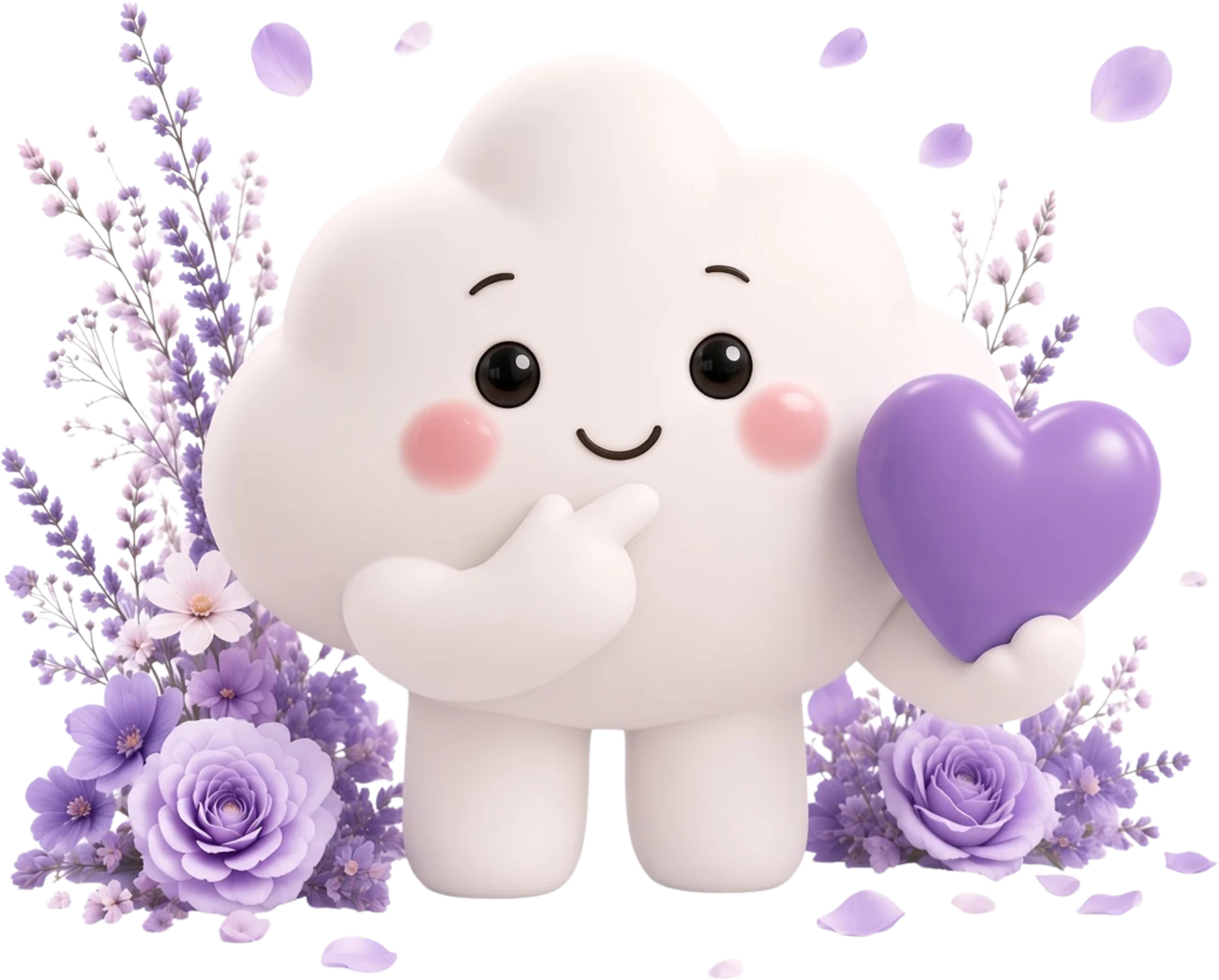 Lumi, the Lumina Care Therapy wellbeing companion, holding a heart surrounded by lavender and roses