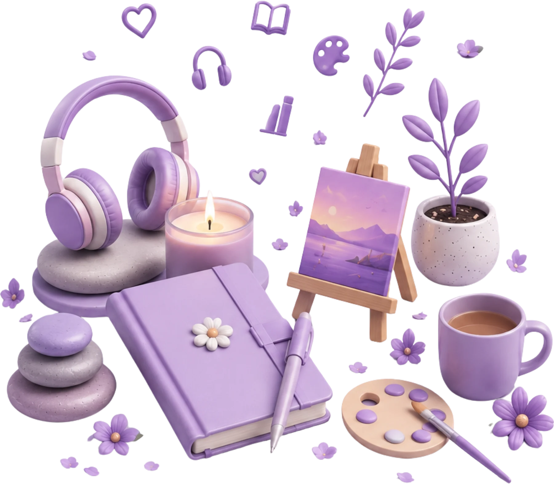 Headphones, a candle, a journal, a painting easel and other self-guided wellbeing tools